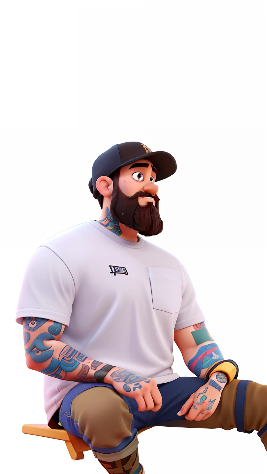 Pixar Style Illustration, em 3D, Homem sentado em uma cadeira com barba e camisa branca, In front of a tattoo studio background, Nipsey Hussle, outlive streetwear collection, homem tatuado, homem barbudo, Streetwear Graphic Design, fundo limpo, suave em _ O pano de fundo, bearded and built, teddy fresh, corajoso, alguma barba, Arte Oficial, em um Canva amarelo, Pixar, ..3d