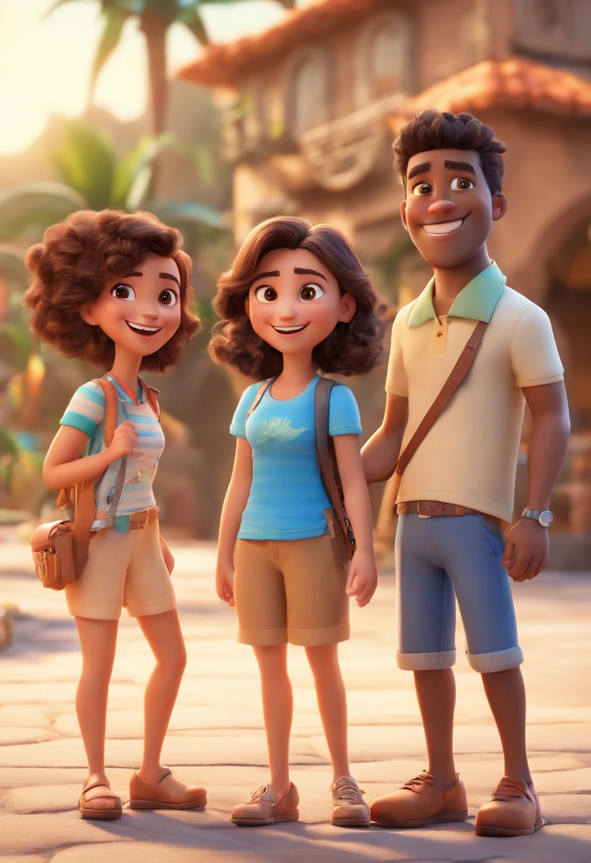 Cartoon of friends having fun on vacation together, 3D Animation Movie Poster, Poster de filme animado, pixar 3 d animation style, pixar renderman rendering, maia 8 mil, animated film, Disney Pixar Estilo 3D, amigos felizes saem juntos, all wearing light blue shirts and cream brown long pants, camisa azul clara, cream brown pants, ao ar livre, vacation, Disney Pixar Animation Poster