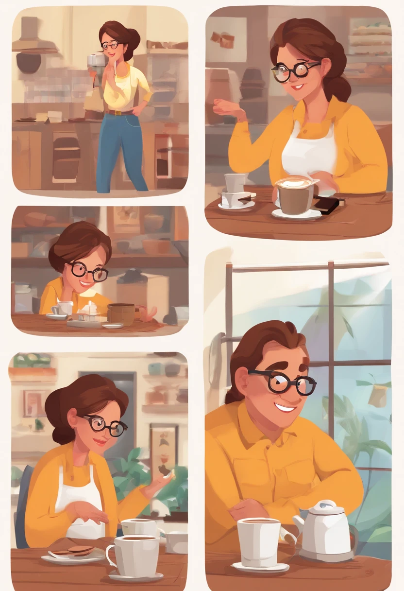 An illustration of an adorable couple, destacando um homem e uma mulher com bonito, Expressive eyes – the man's skin is white and the man's hair is dark brown, o homem tem 1,70cm de altura, It's chubby, bochecha rosa, olhos verdes castanhos, while the woman is tall, low water, tem o cabelo liso e castanho. The woman wears glasses and has 1,72 centimeters. They're in a shiny shed, each with a smile on their face and a mug of coffee in hand. Illustrate this scene from a perspective where they are facing away from the camera, Showing Your Connection. They're roasting coffee in a roasting machine. Desenvolva esta arte em Full HD, Focus on your cinematic touch, Estilo Disney Pixar Animations. Barista Master Roaster Coffee Roaster