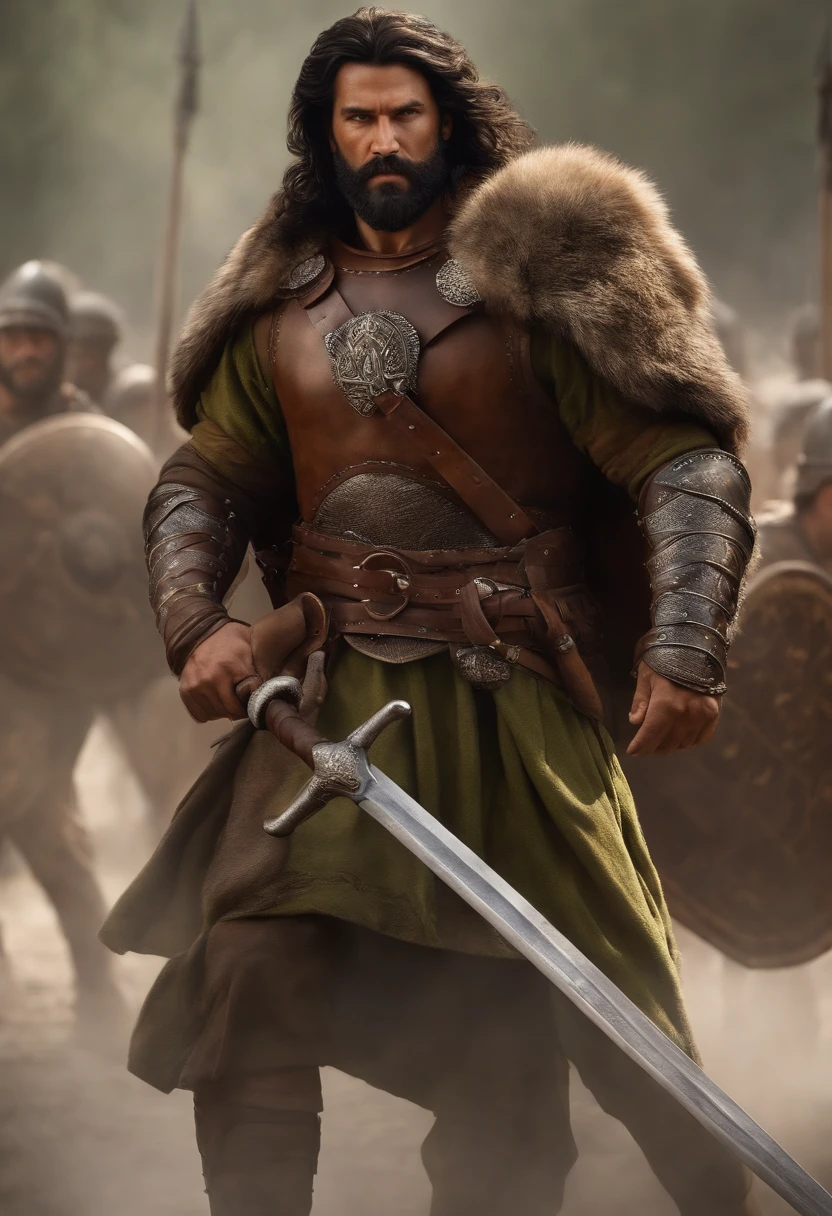 Masterpiece, High quality, Best quality, Beautiful, HD, Realistic, Perfect lighting, Detailed face, Detailed body, 1 man, Solo, Black hair, Green eyes, Long black beard, Gladiator style in brown and shabby leather clothing: 1.4), leather breastplate, 1 wooden spear in hand, background in war, Gladiator style, big muscular man, Robust, angry look,