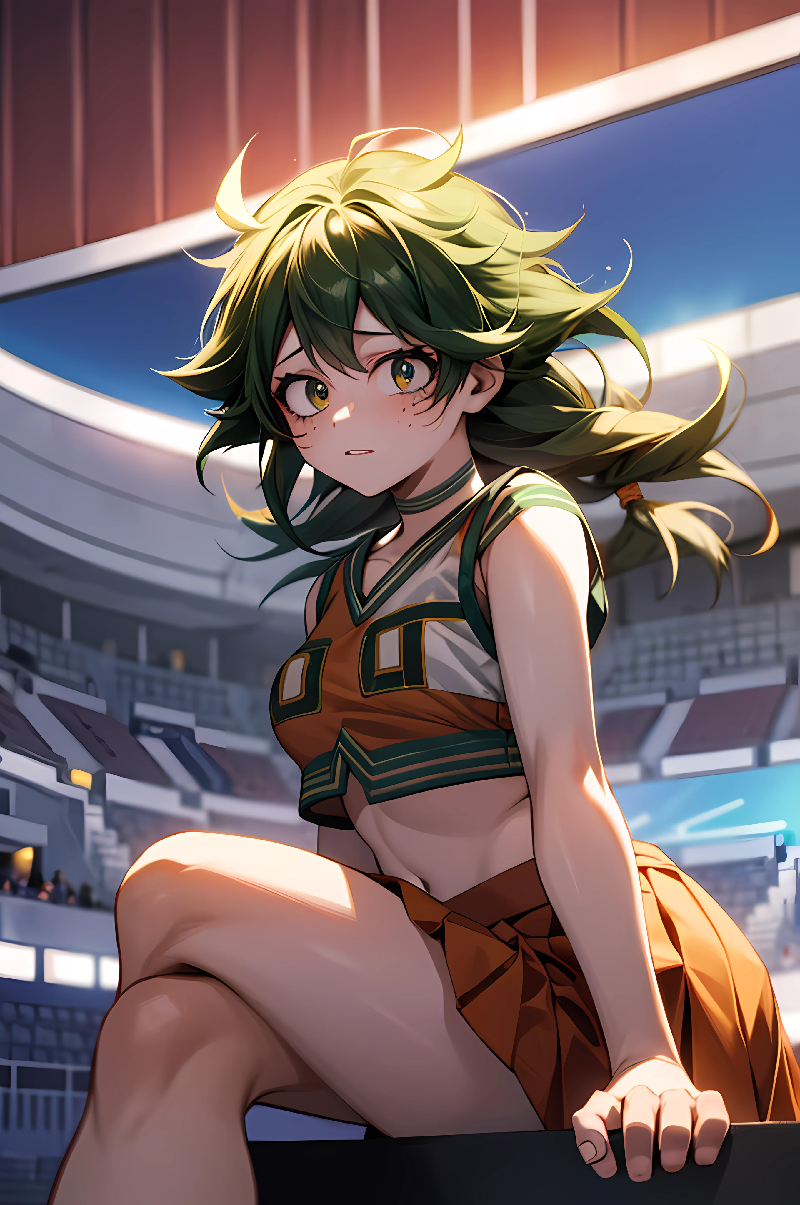 1 girl, Izuku Midoriya girl, female version, genderswap, U.A. CheerUniform, orange crop top, orange skirt, nervous face, stadium backdrop, green long hair, feminine features, feminine body, fine eyes, feminine lips, delicate nails, bright illumination, cinematic illumination, sitting on the grass, legs up, legs bent, raised knees, holding his legs with his hands, frontal view, cowboy shot,  looking at the viewer