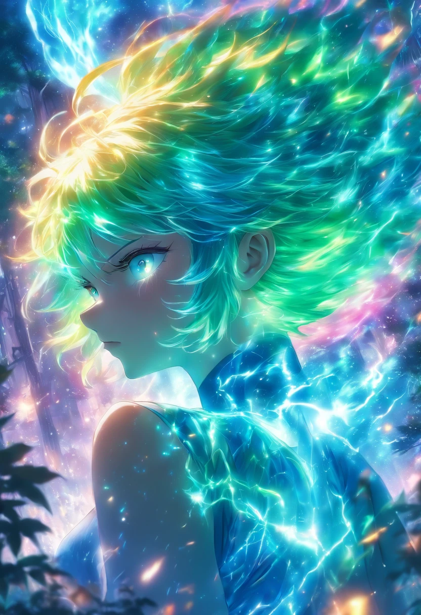 (bestquality,10,10,highres,masterpiece:1.2),ultra-detail,(Realistic,photorealistic portrait,photo-realistic:1.37)(1 Big breasts.4),Female with teal eyes glowing,Rainbow hair,Cast a glow spell.,Mysterious Forest,illustration,Charming atmosphere,vibrant colours,gentle lighting,Fair-skinned