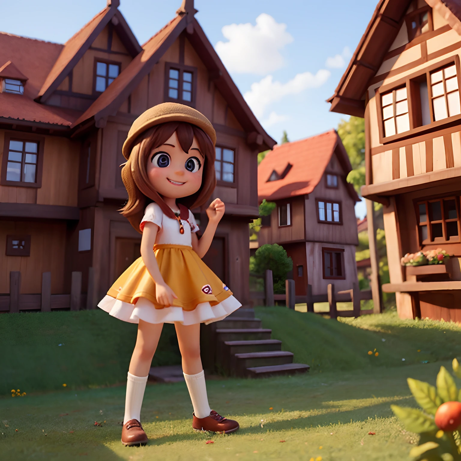 Menina de 6 anos de idade, pele clara, cabelo castanho longo, olhos castanhos, long eyeslashes, Happy in a setting with half-timbered houses.