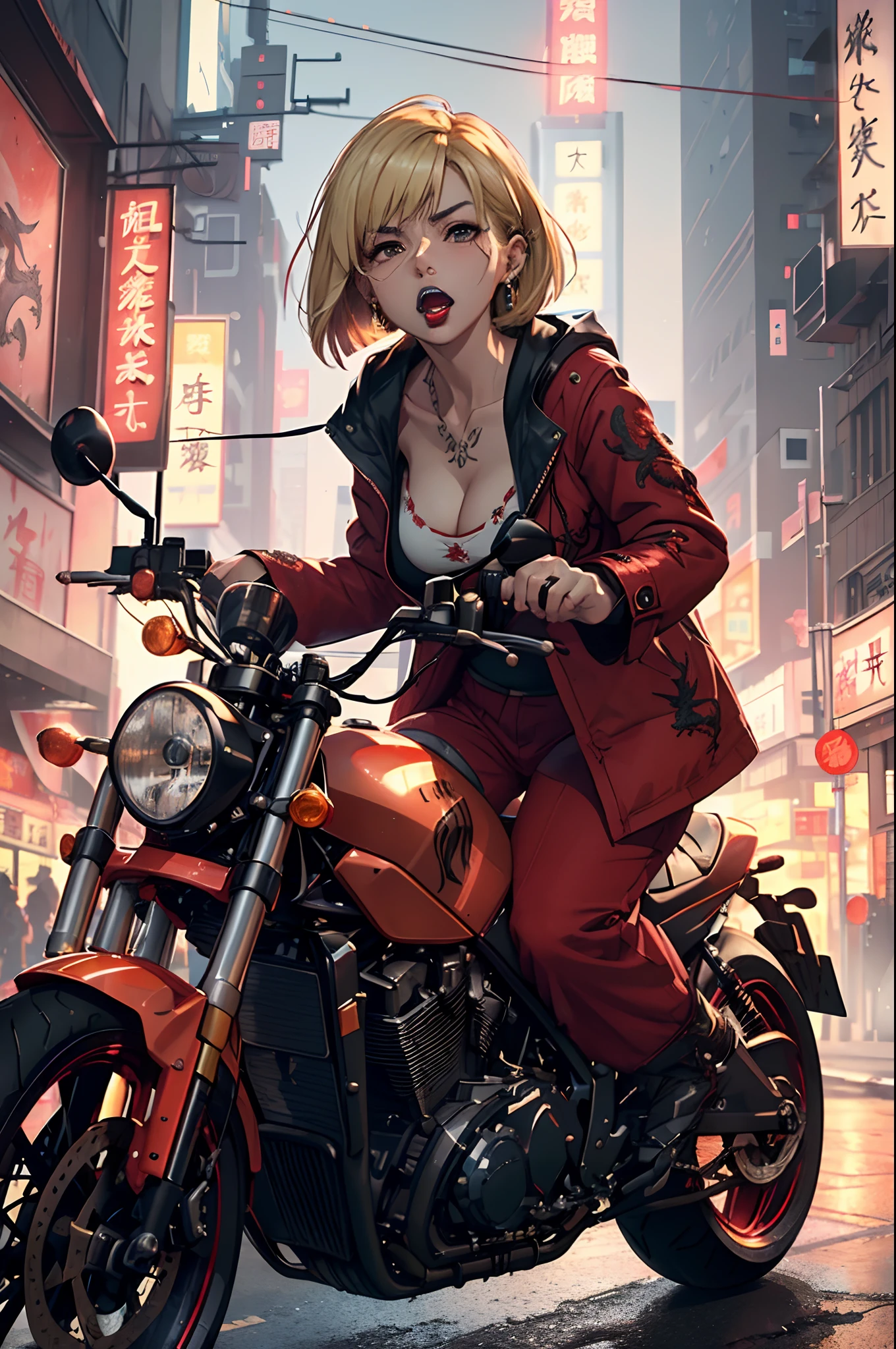 (master piece:1.4),ultra-quality, Hyper Detailed,Perfect drawing,3D Photography,16K illustrations、(((clearface)))、((Hi-Res))、1 persons、femele、(((Riding a motorcycle)))、(((Wheelie)))、((Lift the front wheel))、((Runs only on the rear wheels))、(((Put the center of gravity on the rear wheels)))、(((a blond)))、(((a short bob))),The tattoo、(((Whitening skin)))、((Violet lipstick))、(Raised corners of the eyes)、((Outrage:1.1))、((chin raised))、(((opens his eyes wide)))、((despise:1.2)),((glares:1.2))、((Big open mouth:1.2))、(((Shout loud:1.3)))、((Wrinkles between the eyebrows))、(numerous piercings in the ears), BREAK (Red Theme:1.5), ((Red Outerwear, Oversized red pants, Red baggy pants): 1.4), (She wears a long red coat embroidered with a dragon over a black tank top:1.5), ((cleavage, 鎖骨) :1.2), ((Navel, ankle):1.3), (Pump 1.2), (earrings:1.2), (Chinese charactersa, Chinese charactersa:1.2),((Old Style Motorcycle:1.3)),((intersection)),((intersection))、(((nocturnal)))、(Night)、in a street、(neon signs)、Bustling street、Slip sign、((Feeling of sprinting))、(((Dynamic Actions)))、Detailed drawing、((Sense of speed))