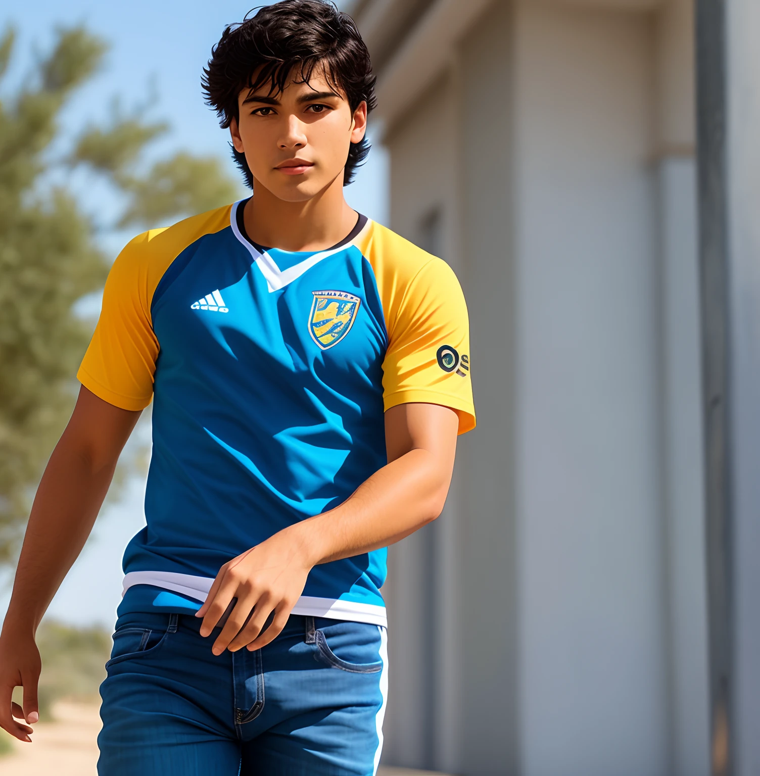 Design and Indian football kit made by Addidas with blue and orange as primary colours for home kit and white and green for away kit . Demonstrate it with a player wearing it and playing on feild