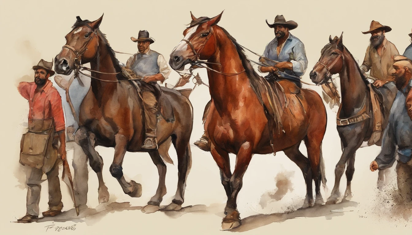 1 homem, aparentemente 36 anos, montado em um cavalo negro, brasileiro pele branca, nativo gaucho, Hook, CALVO, Bald man with hat covered over shoulders , jeans rasgado, Wide pants , Cinta Larga, bota de couro, espada, Red scarf with knot, cavalo forte