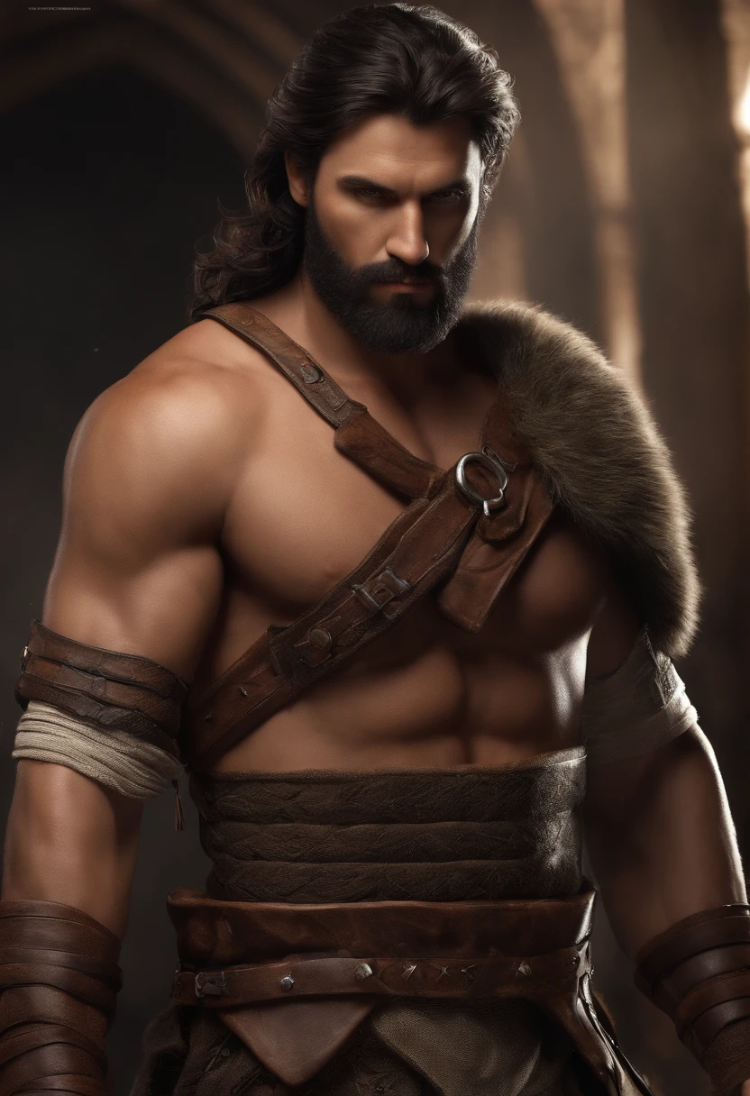 Masterpiece, High quality, Best quality, Beautiful, HD, Realistic, Perfect lighting, Detailed face, Detailed body, 1 man, Solo, Black hair, Green eyes, Long black beard, Gladiator style in brown and shabby leather clothing: 1.4), leather breastplate, 1 wooden spear in hand, background in war, Gladiator style, big muscular man, Robust, angry look,