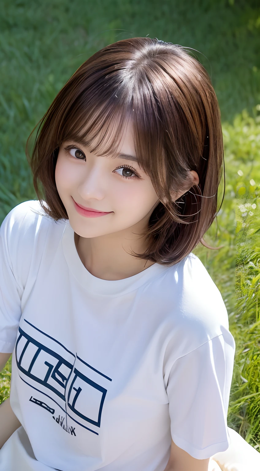 (top-quality,8K picture quality,masterpiece:1.3,),(超A high resolution:1.3,Photorealsitic:1.4,Raw photography:1.2),(ultra-detailliert:1.2,shinny skin,Detailed skin:1.1),(Detailed face,Perfect Anatomy,Caustics:1.2),(On the lawn),(Lying on your back),Overhead view,女の子1人,kawaii,japanes,22year old,Japanese ido,Natural brown hair,Curl short hair outward,Pretty eyes,natural make up,Oversized T-shirt,a smile,Looking at the camera,up on the face,Face Focus,Professional Lighting,natural soft light,
