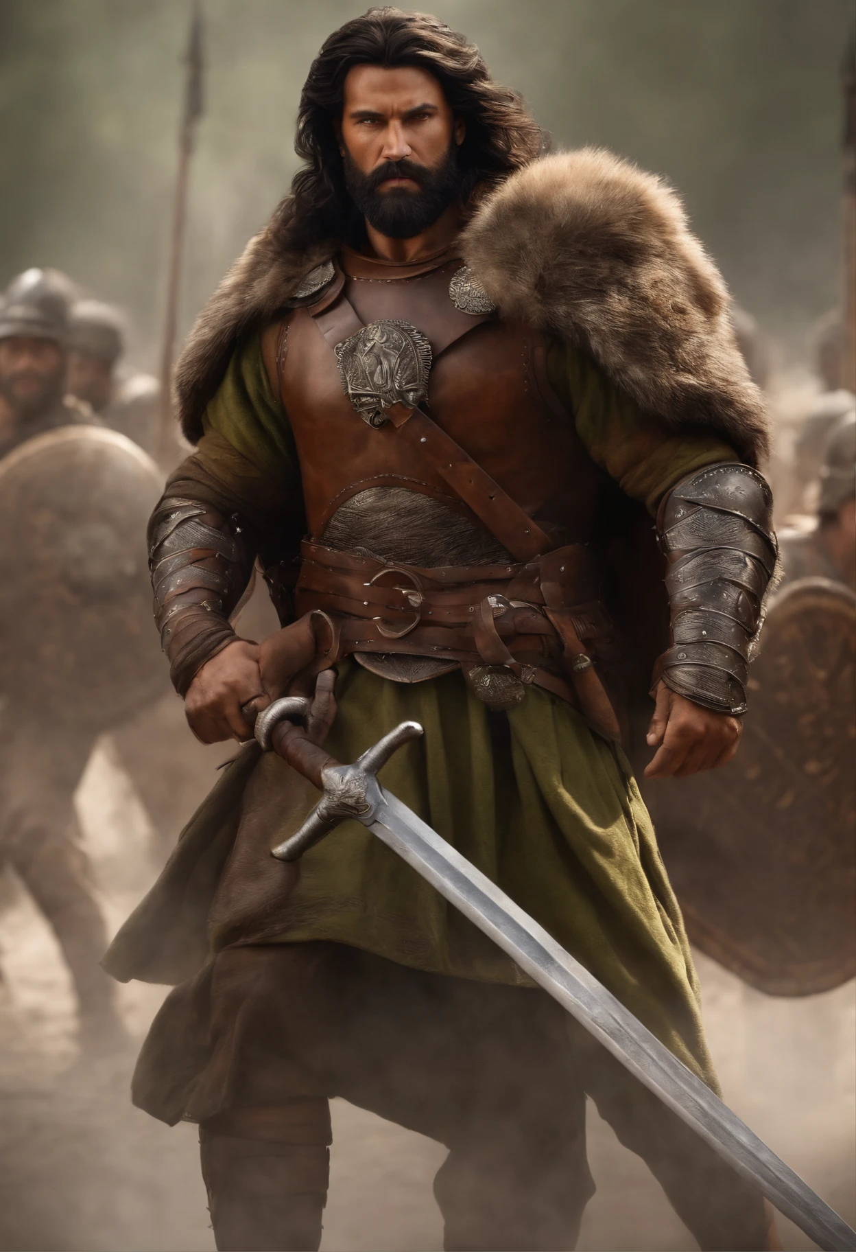 Masterpiece, High quality, Best quality, Beautiful, HD, Realistic, Perfect lighting, Detailed face, Detailed body, 1 man, Solo, Black hair, Green eyes, Long black beard, Gladiator style in brown and shabby leather clothing: 1.4), leather breastplate, 1 wooden spear in hand, background in war, Gladiator style, big muscular man, Robust, angry look,