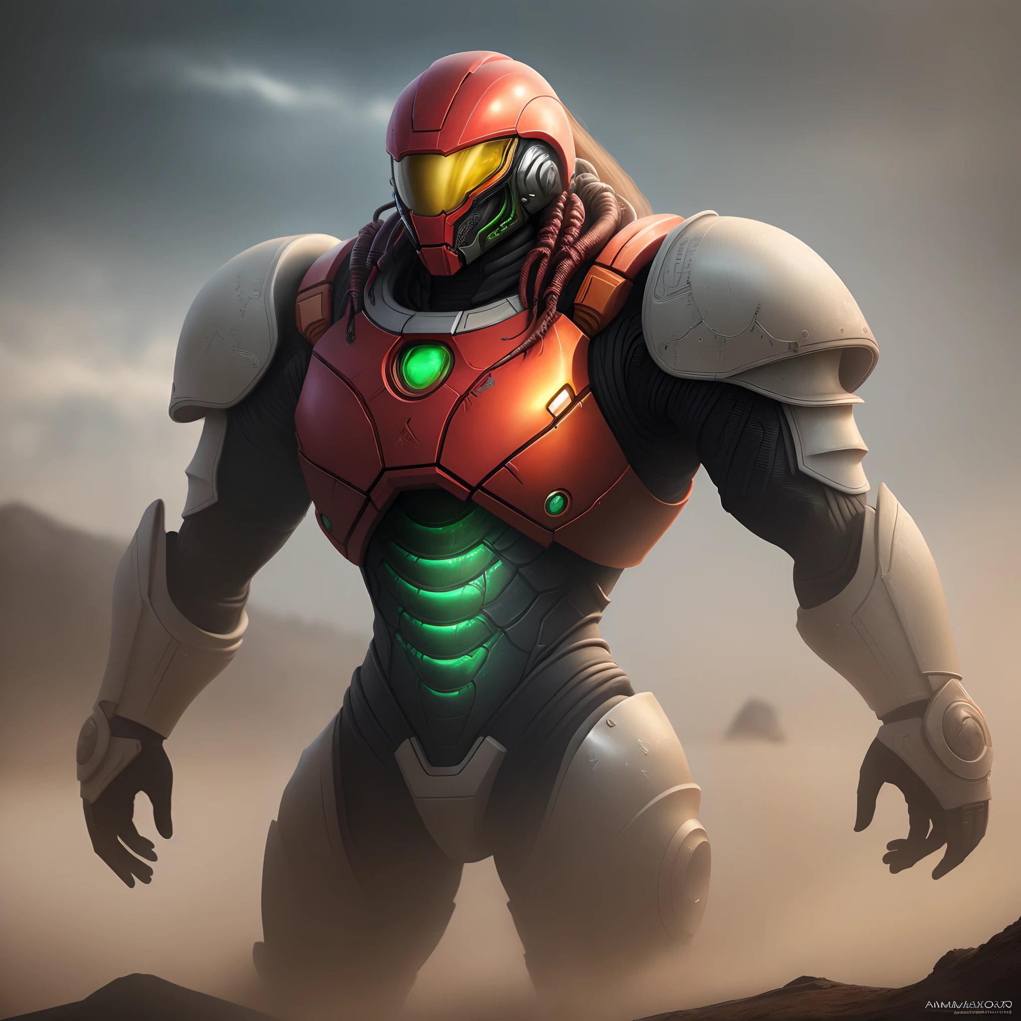 Realistic detailed sci-fi of Samus Aran armor mixed with The Predator