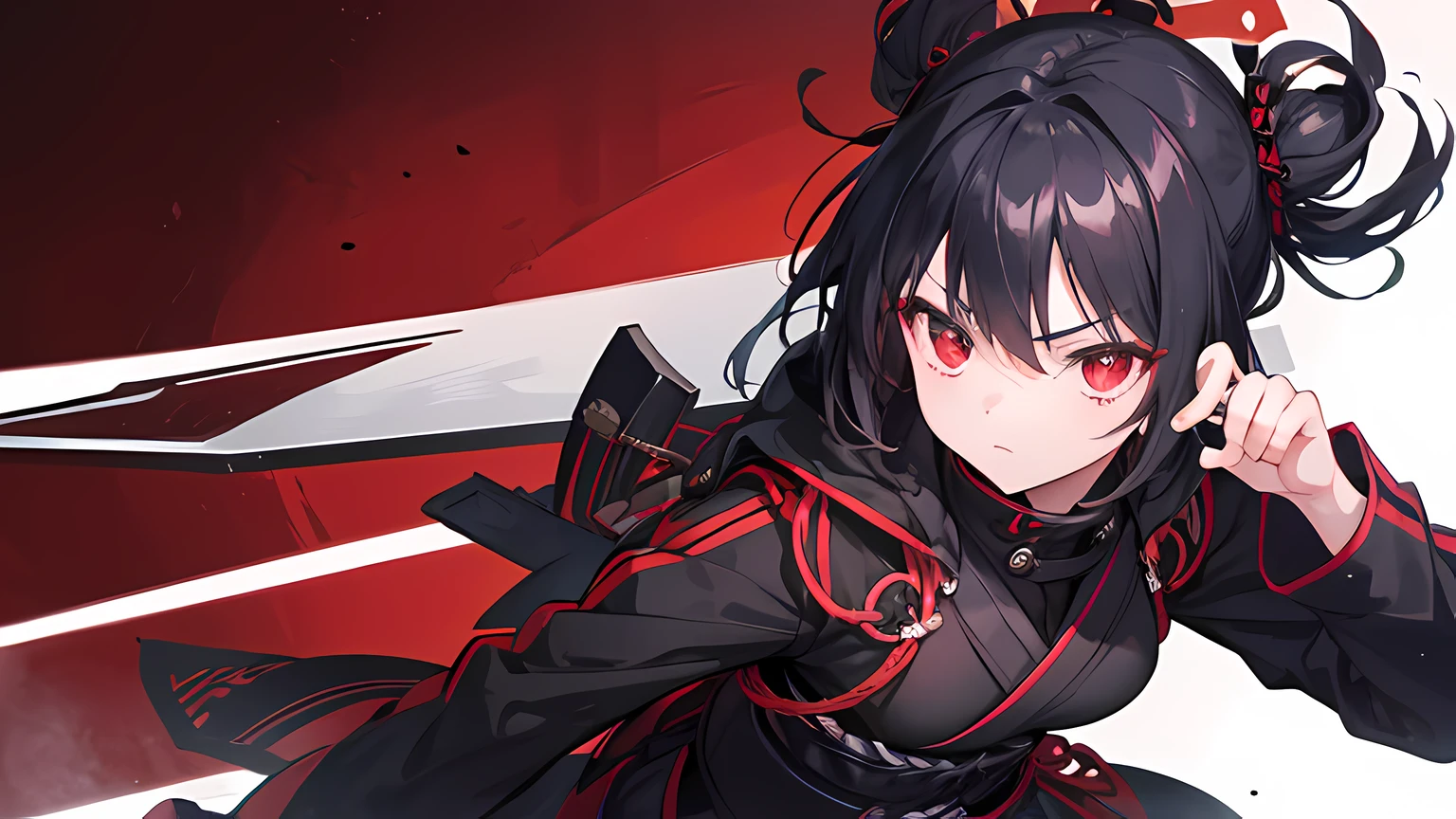 1 girl, using black samurai uniform, special operation, in the village, attacking pose, red eye color, detailed eye, ufotable style animation