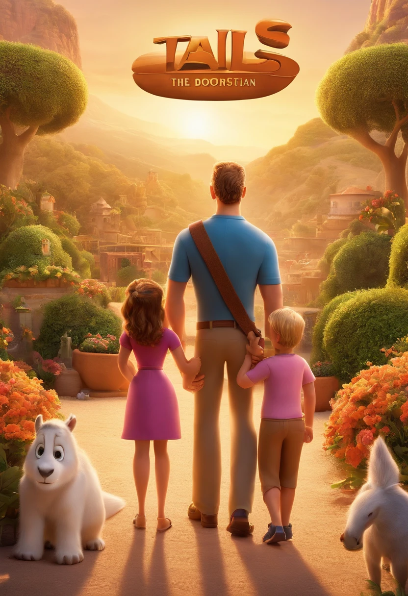 a movie poster by Disney Pixar spotting a white-skin family. The father is the tallest, has a short beard, blond, short and spikey hair. The mom has brown eyes and hair, at shoulder-lenght and is slightly overweight. The girl is 4-years as brown hair, pink outfit and pony tails. The background is a beach garden. 3d render
