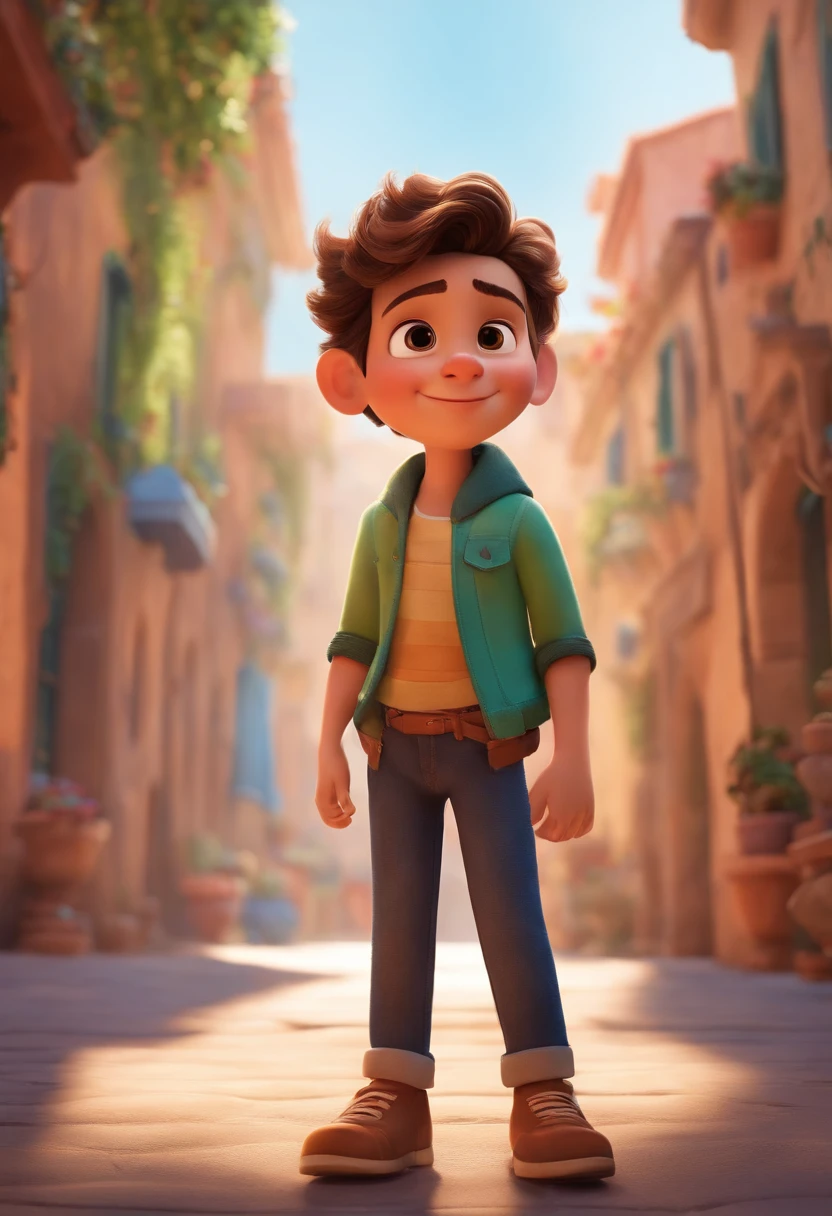 Image of a boy for a story in a YouTube video in Pixar format, He's the  allabester, He's the class leader, He's outgoing, Playful and gets up for a lot of things, cabelo curto