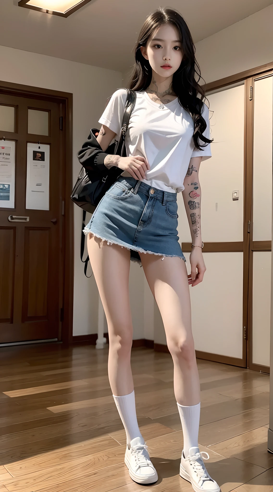 Masterpiece, Best quality, 1girll,stand posture,anatomy correct,JK school uniform,White mid-tube socks,with tattoos,wavy and long hair,Accurate and delicate face,Accurate and perfect legs,Slender and slender figure,Skinny,Skinny,Smaller bust,Converse shoes,bookbag