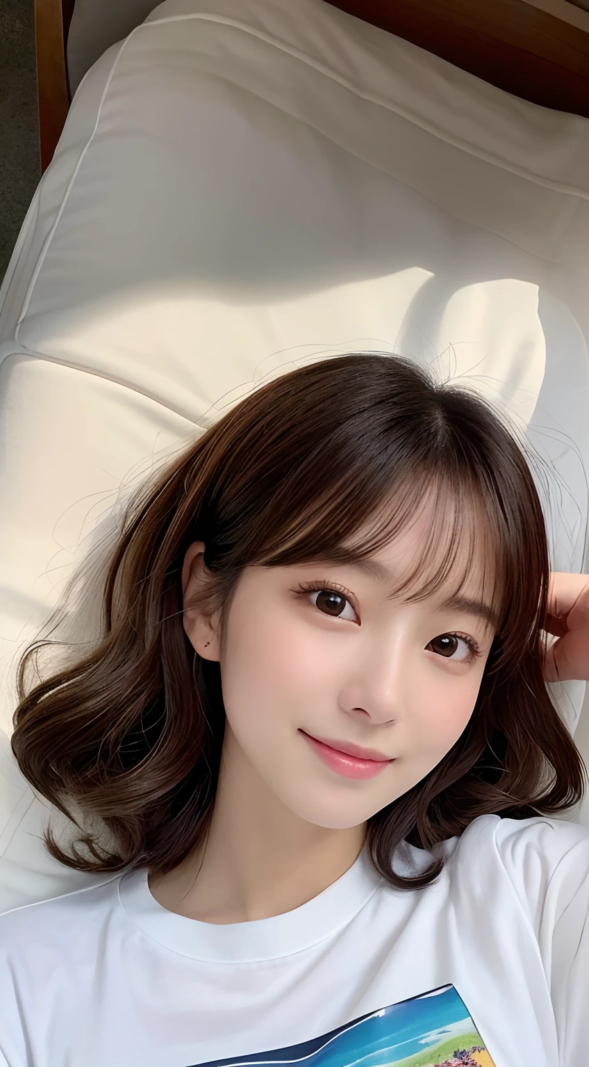 (top-quality,8K picture quality,masterpiece:1.3,),(超A high resolution:1.3,Photorealsitic:1.4,Raw photography:1.2),(ultra-detailliert:1.2,shinny skin,Detailed skin:1.1),(Detailed face,Perfect Anatomy,Caustics:1.2),(On the lawn),(Lying on your back),Overhead view,1人,kawaii,japanes,22year old,Japanese ido,Natural brown hair,Curl short hair outward,Pretty eyes,natural make up,Oversized T-shirt,a smile,Looking at the camera,up on the face,Face Focus,Professional Lighting,natural soft light,