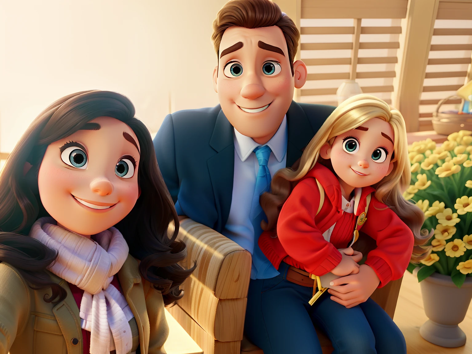 Poster no estilo Disney pixar, alta qualidade, melhor qualidade, With a family with a man a woman com cabelo preto e olhos castanhos is a blonde child