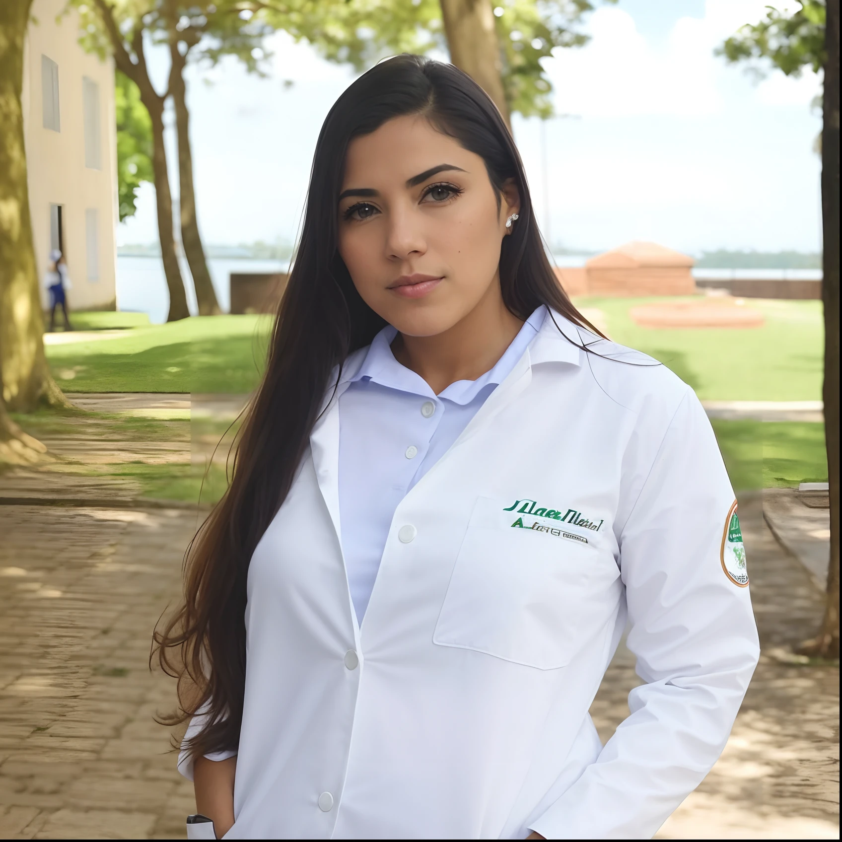 Woman in lab white lab coat standing in front of trees in park, by Amelia Peláez, vestindo jaleco e blusa, fernanda suarez, Karla Ortiz, Directed by: Veronica Ruiz de Velasco, Lorena Avarez, Adriana DXIM, by Gina Pellón, jaleco e camiseta, Valentina Embaralhamento, vestindo jaleco, Avental branco