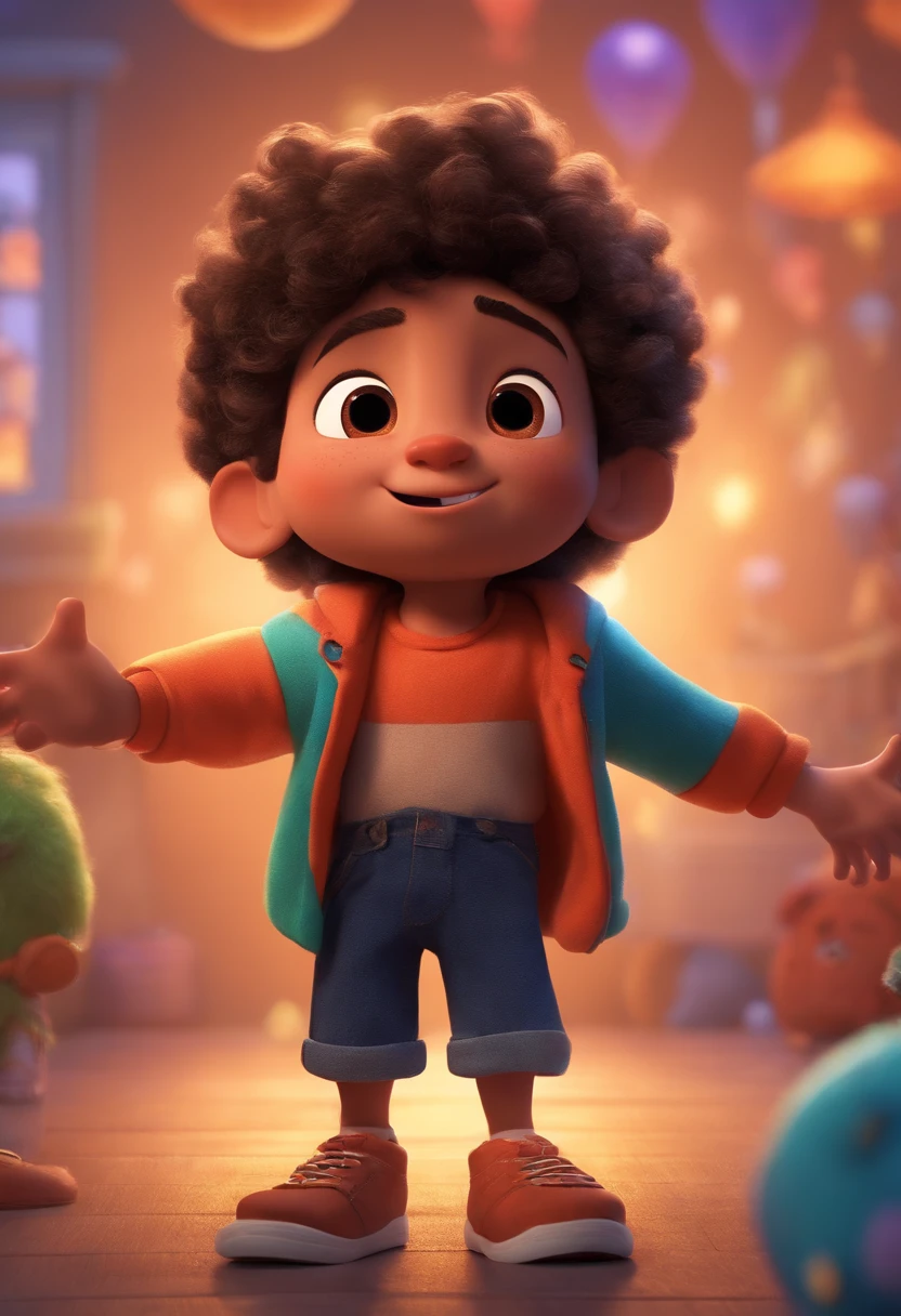 Image of a boy for a story in a YouTube video in Pixar format, He's tall and singing He's the leader of the class, He's outgoing, Playful and gets up for a lot of things, cabelo curto