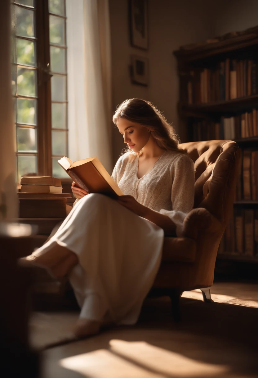 (best quality,4k,8k,highres,masterpiece:1.2),ultra-detailed,(realistic,photorealistic,photo-realistic:1.37),reading a textbook, beautiful girl, detailed eyes, detailed lips, girl in a cozy study room, sunlight streaming through the window, warm color tones, soft natural lighting, bookshelves filled with books, comfortable armchair, girl engrossed in reading, relaxed posture, natural makeup, delicate facial features, long eyelashes, neatly styled hair, peaceful atmosphere, quiet and serene environment, light reflections on the book pages, faint sound of pages turning, academic ambiance, intelligent expression, thirst for knowledge.
