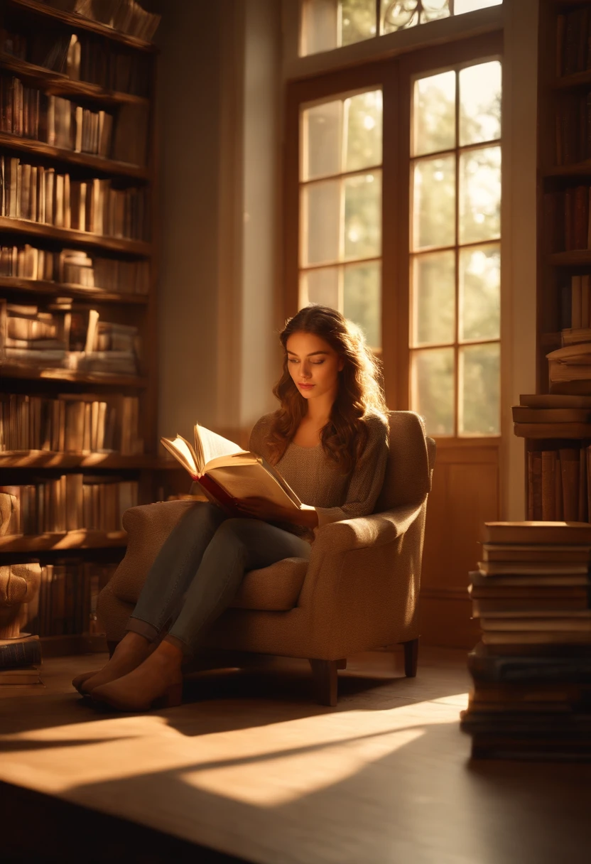 (best quality,4k,8k,highres,masterpiece:1.2),ultra-detailed,(realistic,photorealistic,photo-realistic:1.37),reading a textbook, beautiful girl, detailed eyes, detailed lips, girl in a cozy study room, sunlight streaming through the window, warm color tones, soft natural lighting, bookshelves filled with books, comfortable armchair, girl engrossed in reading, relaxed posture, natural makeup, delicate facial features, long eyelashes, neatly styled hair, peaceful atmosphere, quiet and serene environment, light reflections on the book pages, faint sound of pages turning, academic ambiance, intelligent expression, thirst for knowledge.
