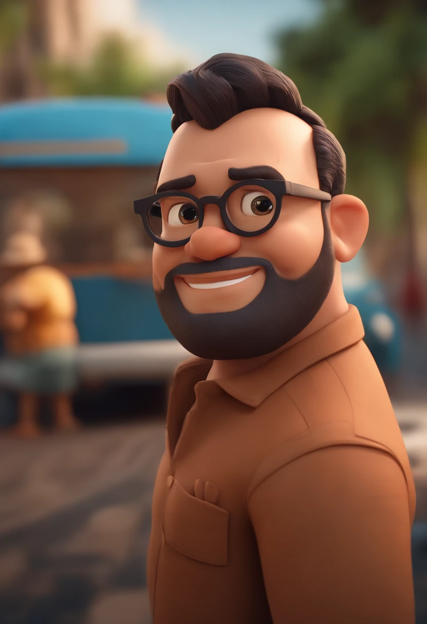 Cartoon character of a man with black glasses, cabelo cacheado marrom escuro e uma camisa azul, animation character, Caractere estilizado, animation style rendering, 3D estilizado, Arnold Maya render, 3 d render stylized, toon render keyshot, Personagem 3D, Personagem 3D, 3d rendering stylized, 3 d character render, personagem de desenho animado, Personagem de close up, Pose de personagem,  (Estilo Pixar) (master part:1.2) (Bokeh) (best quality) (pele detalhada) (textura detalhada) (8k) (argila) (Cinematic lighting) (foco nítido