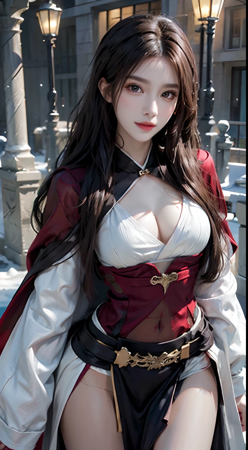 Photorealistic, high resolution, Soft light,1womanl, Solo, Hips up, shiny skins, (Detailed face),tattoo, jewelry, Winter hanfu, Cloak, Snow, Night, Wavy hair, Beautiful soldiers, Catch the audience's eye, Lover's perspective, Invitation expression, Sexy smile, Perfect style, Perfect balance, Detailed skin, mischievous gaze, chest visible