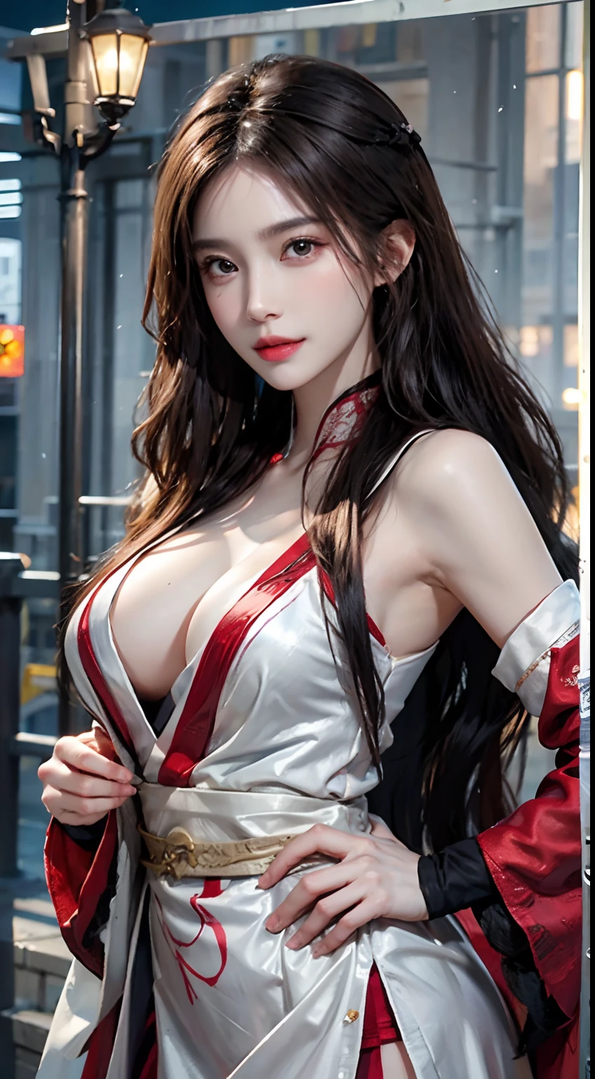Photorealistic, high resolution, Soft light,1womanl, Solo, Hips up, shiny skins, (Detailed face),tattoo, jewelry, Winter hanfu, Cloak, Snow, Night, Wavy hair, Beautiful soldiers, Catch the audience's eye, Lover's perspective, Invitation expression, Sexy smile, Perfect style, Perfect balance, Detailed skin, mischievous gaze, chest visible
