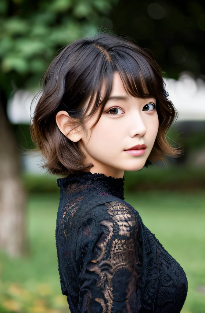 Teenage Japan actress (Hairstyle: Wavy Bob) Wearing a beautiful coquettish black outfit with boots.