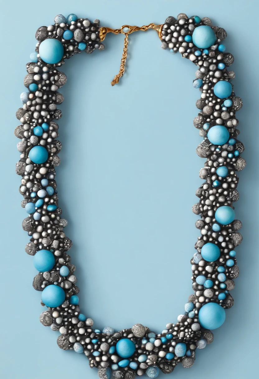 long necklace made with small balls of white and black beads interspersed, with a light blue background realistic image, 3d, 4k, detailed