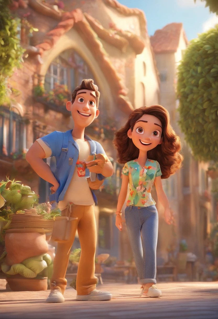 Cartoon of friends having fun on vacation together, 3D Animation Movie Poster, Poster de filme animado, pixar 3 d animation style, pixar renderman rendering, maia 8 mil, animated film, Disney Pixar Estilo 3D, amigos felizes saem juntos, all wearing light blue shirts and cream brown long pants, camisa azul clara, cream brown pants, ao ar livre, vacation, Disney Pixar Animation Poster