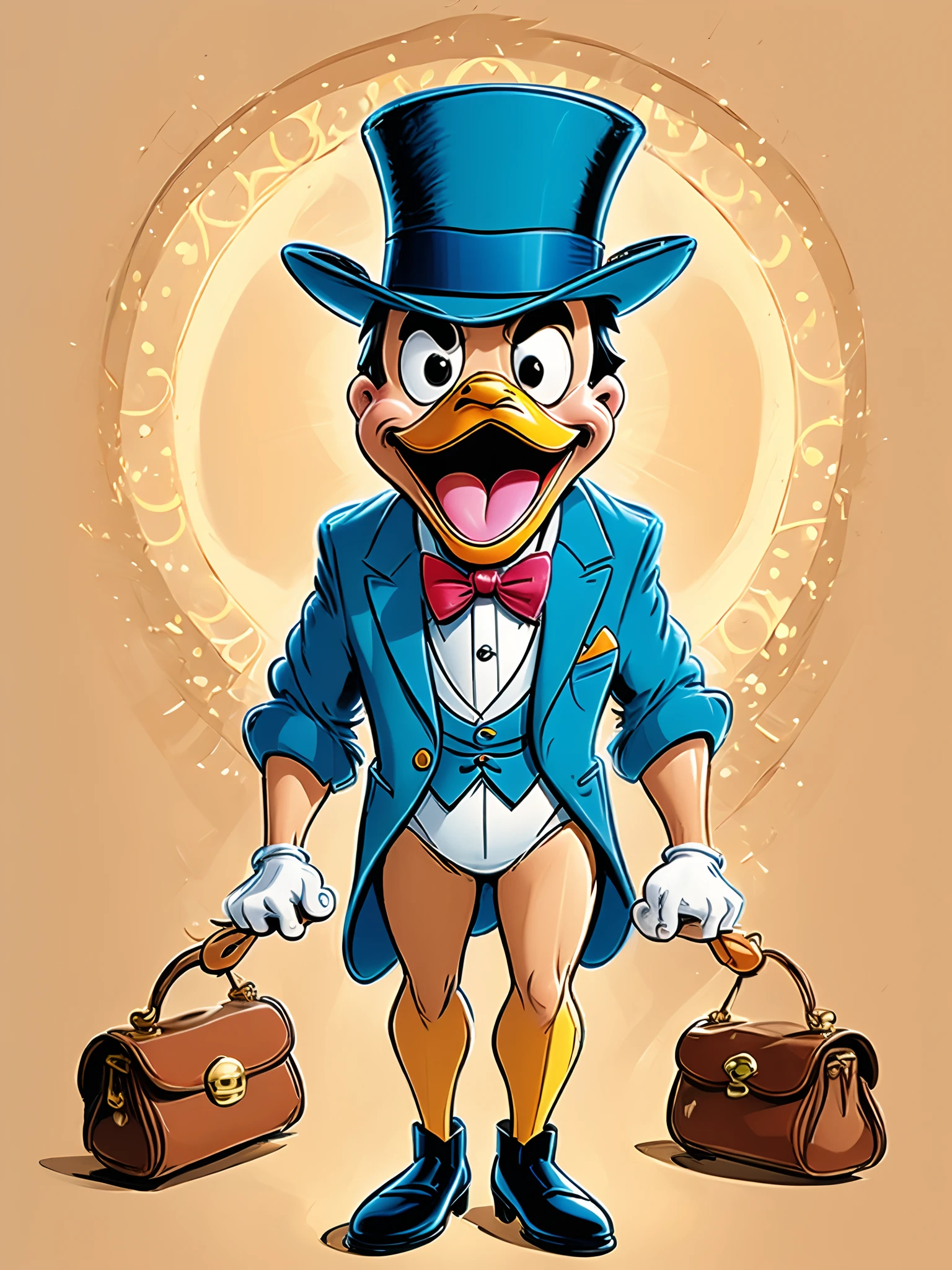 a drawing of a cartoon duck with a top hat and a bag of money, inspired by Carl Barks, donald duck, inspired by Jacob Duck, by Randy Vargas, by Jacob Duck, high quality colored sketch, by Eddie Mendoza, drawn in the style of mark arian, dan decarlo art style, cartoon drawing, by Carl Barks, loony toons style
