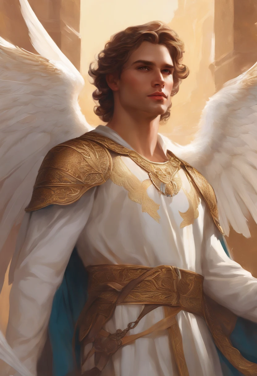 Close-up of male angel, D & D, faces, Fantasia, Convoluted, Elegant, Highly detailed, digitial painting, art stations, Konzeptzeichnung, suave, foco nítido, Illustration, art by:artgerm、by Greg Rutkowsky、Alfonse Mucha