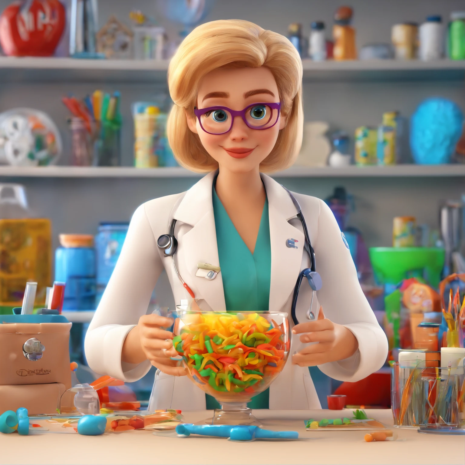 create a 3D movie poster inspired by Disney Pixar, The scene should be in Pixar's signature digital art style, com uma imagem caricata de uma mulher branca com cabelos cacheados, Medium Size, cor marrom claro, with lab coat in medical laboratory