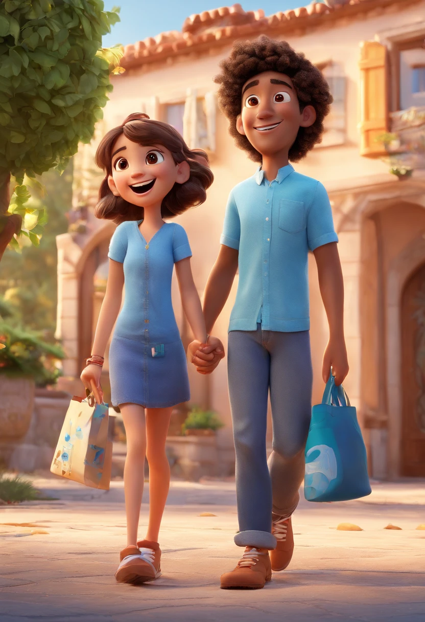 Young father and daughter,  a father wearing sunglasses is holding his child with a cheerful face with an open mouth, wearing an orange sweater and black trousers, both father hands holding a daughter who is wearing a blue bag, the girl's hands pointing towards the front, short hair, a cheerful face and an open mouth, 3D Animation Movie Poster, Poster de filme animado, pixar 3 d animation style, pixar renderman rendering, maia 8 mil, animated film, Disney Pixar Estilo 3D, amigos felizes saem juntos, all wearing light blue shirts and cream brown long pants, camisa azul clara, cream brown pants, ao ar livre, vacation, Disney Pixar Animation Poster