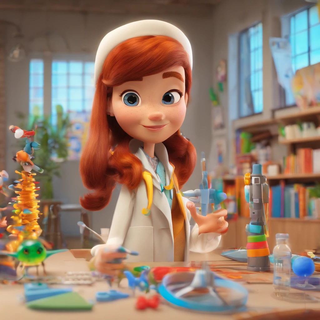 create a 3D movie poster inspired by Disney Pixar, The scene should be in Pixar's signature digital art style, com uma imagem caricata de uma mulher branca com cabelos cacheados, Medium Size, cor marrom claro, with lab coat in medical laboratory