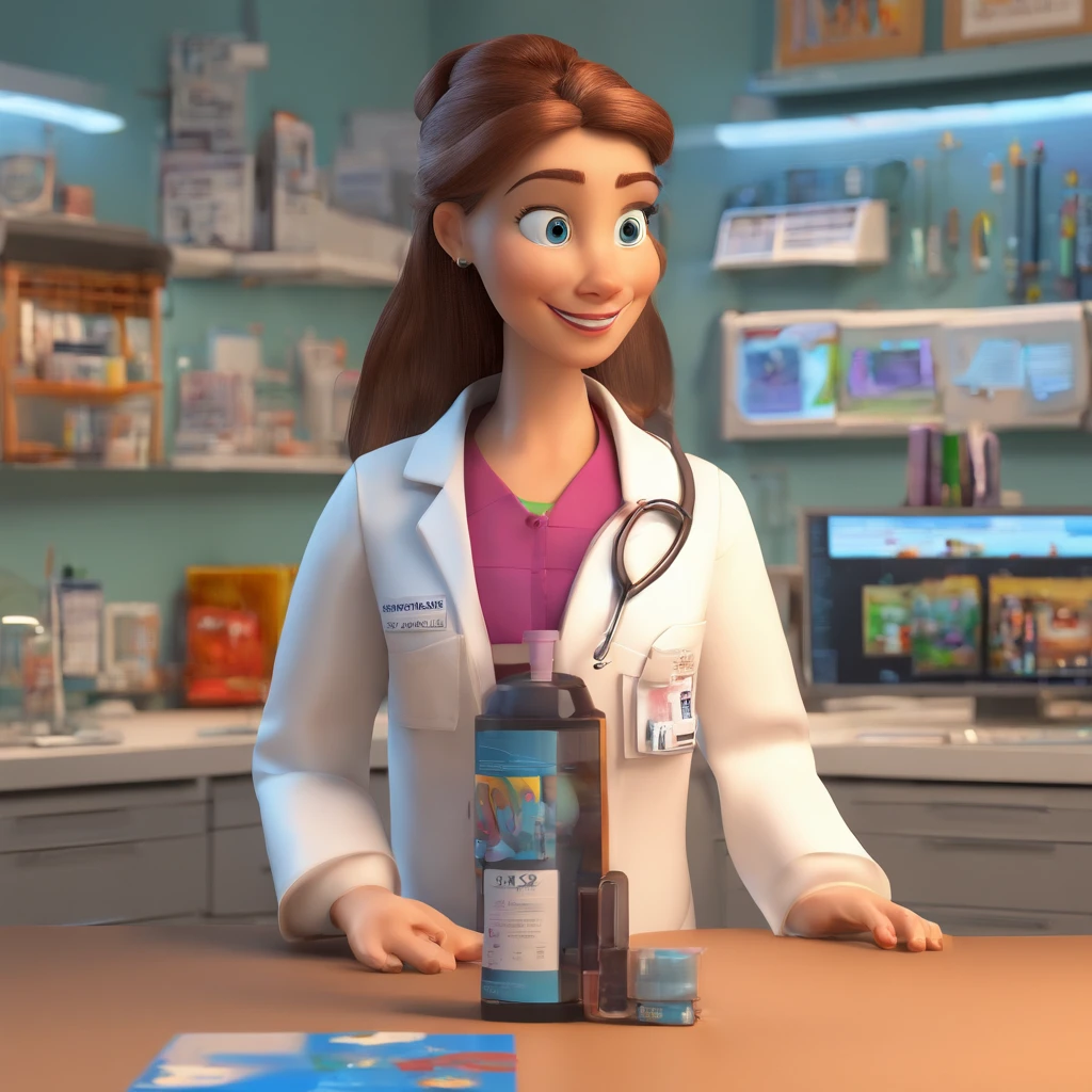 create a 3D movie poster inspired by Disney Pixar, The scene should be in Pixar's signature digital art style, com uma imagem caricata de uma mulher branca com cabelos cacheados, Medium Size, cor marrom claro, with lab coat in medical laboratory