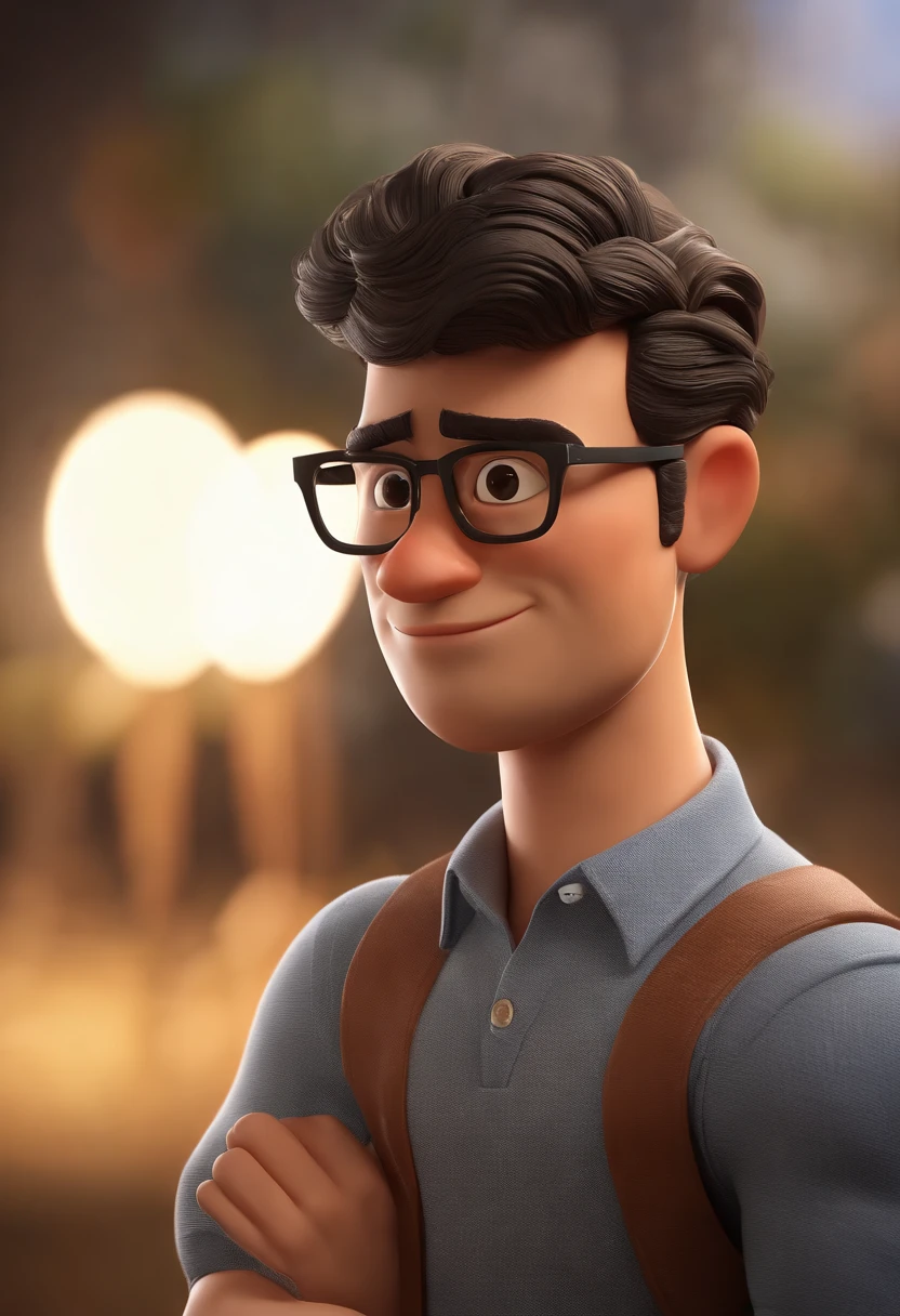 Cartoon character of a man wearing black glasses and a blue shirt, um personagem animado, Caractere estilizado, animation style rendering, 3D estilizado, Arnold Maya render, 3 d render stylized, toon render keyshot, Personagem 3D, Personagem 3D, 3d rendering stylized, 3 d character render, personagem de desenho animado, Personagem de close up, Pose de personagem, (Estilo Pixar) (master part:1.2) (Bokeh) (best quality) (pele detalhada) (textura detalhada) (8k) (argila) (Cinematic lighting) (foco nítido,Senta e vaza a parte superior do corpo