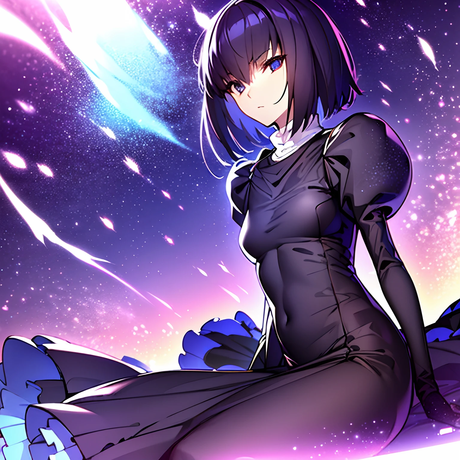(Best Quality), (masutepiece),Highly detailed, 1girl in,alicekuonji , Standing cross-legged, Beautiful eyes , { Night sky with stars} Background,