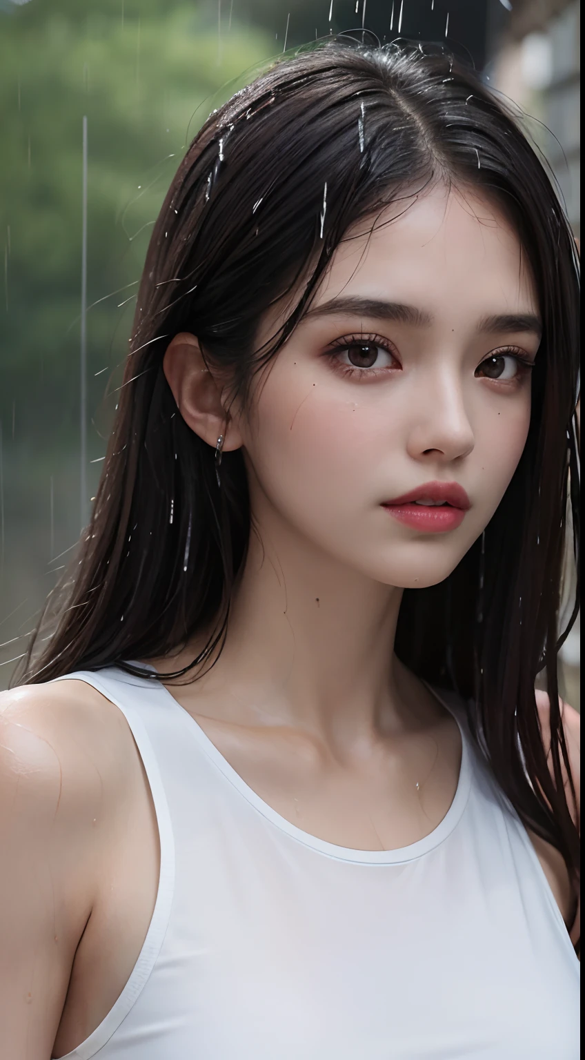(Best quality, 4k, Masterpiece :1.3), pretty woman, 1girl, sexy :1.1, dark brown hair: 1.1, (rainy wet, wet from rain, wet body :1.2), white tank tops, ultra-detailed face, detailed lips, detailed eyes, double eyelid
