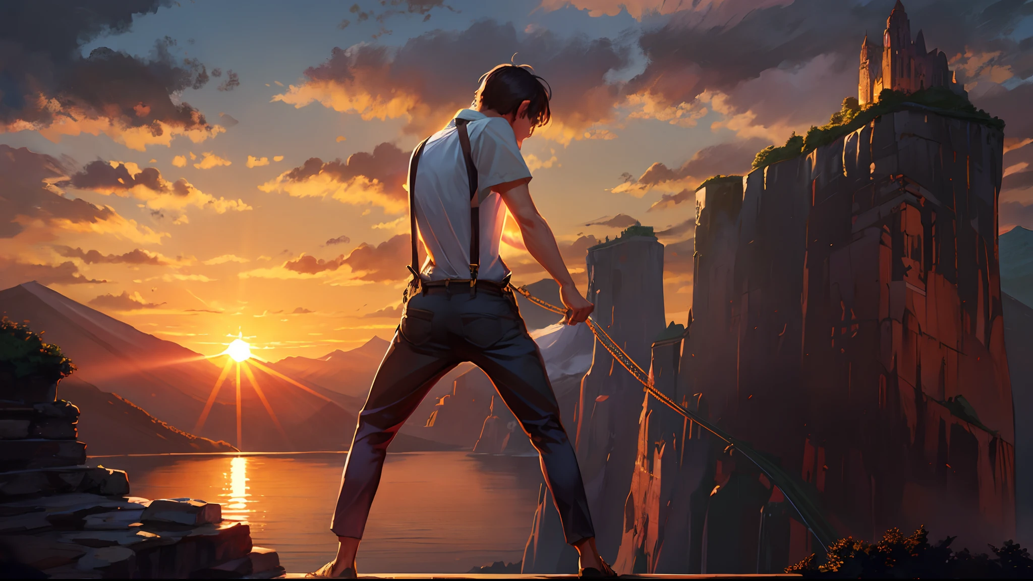 the sunset,eventide,Big Mountain,Medium short hair,Suspenders,Put your feet on the ground,Boy student,Iron Mountain Back,Behind the man is a cliff,