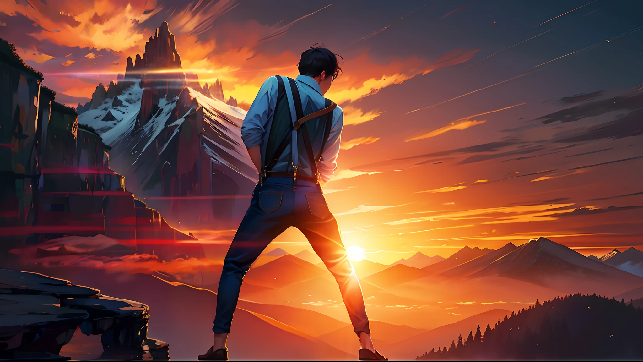 the sunset,eventide,Big Mountain,Medium short hair,Suspenders,Put your feet on the ground,Boy student,Iron Mountain Back,Behind the man is a cliff,
