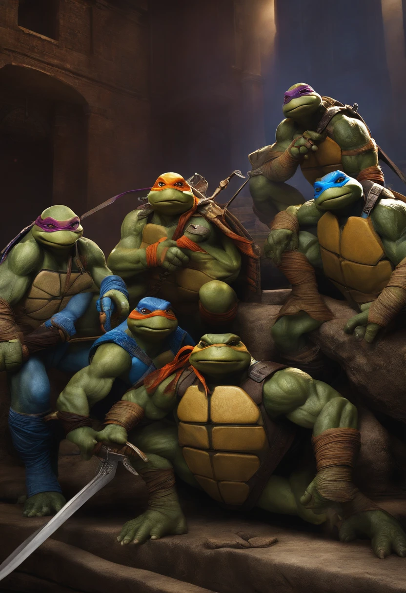 cinematic film still, (cybernetic robot, ([grayscale, soft lighting, soft shadows:[dimmed colors, pastel toning:intricate sewage:11]:3], realistic full body shot of brutal masculine (age mutant ninja turtle:1.3) interacting with [[(April O'Neil:1.025) having ultra-realistic natural cleavage (wearing yellow engineer outfit:1.075)]], she treats the (bruises and injuries:1.1) of (teenmutant ninja turtle:1.325), stuff in the background, (gloomy:1.3), dark, vignette, grimy, (slate atmosphere:0.8), (turbulent fog, natural (low key light:0.6) at (early morning:0.825):0.925), (perfect fingers, natural skin texture:1.025), (smooth complex background, depth of field, (swirly bokeh:0.875), (analog film grain:0.925):0.65), [ : (big eyes:1.125)  :12]  :1.1), android, AI, machine, metal, wires, tech, futuristic, highly detailed:1.1), shallow depth of field, vignette, highly detailed, high budget, bokeh, cinemascope, moody, epic, gorgeous, film grain, grainy