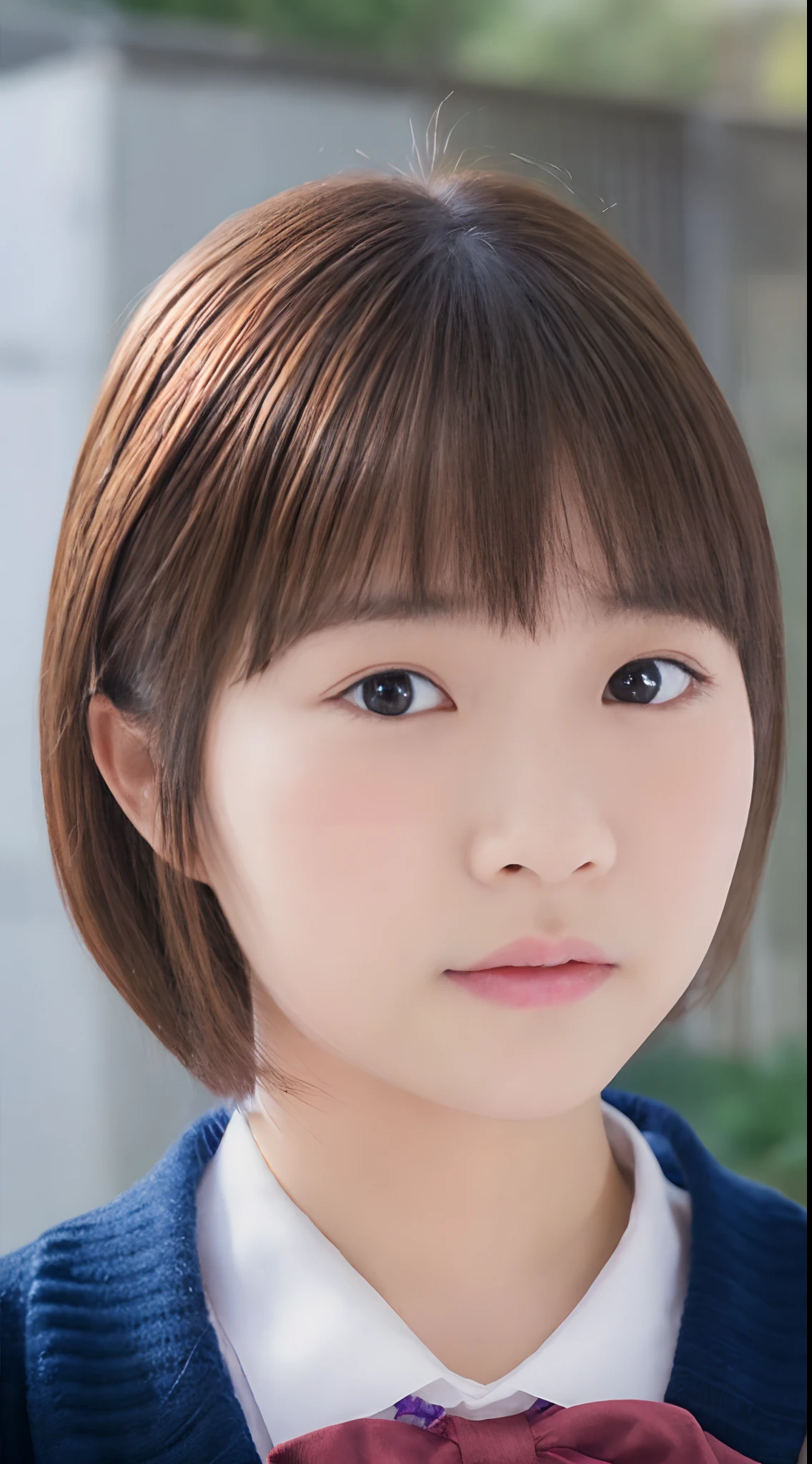 ​masterpiece、32K、Top image quality、high-detail、Cute schoolgirl in Japan、ID photo、Focus on your face、The face is facing forward、Eyes are looking at the front、Eyes moistened with tears、Image quality that clearly shows moles and pores、Very realistic skin、chubby face、face variations、Short pixie cut hair、