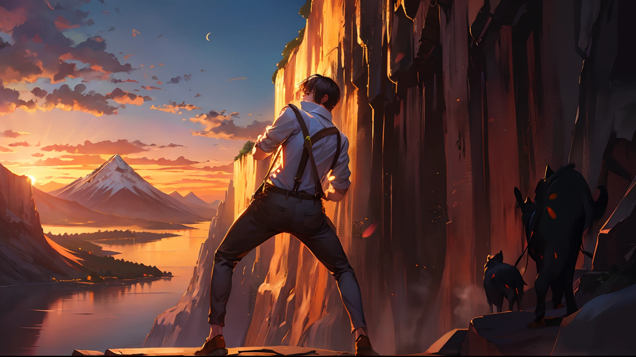 the sunset,eventide,Big Mountain,Medium short hair,Suspenders,Put your feet on the ground,,Iron Mountain Back,Behind the man is a cliff,