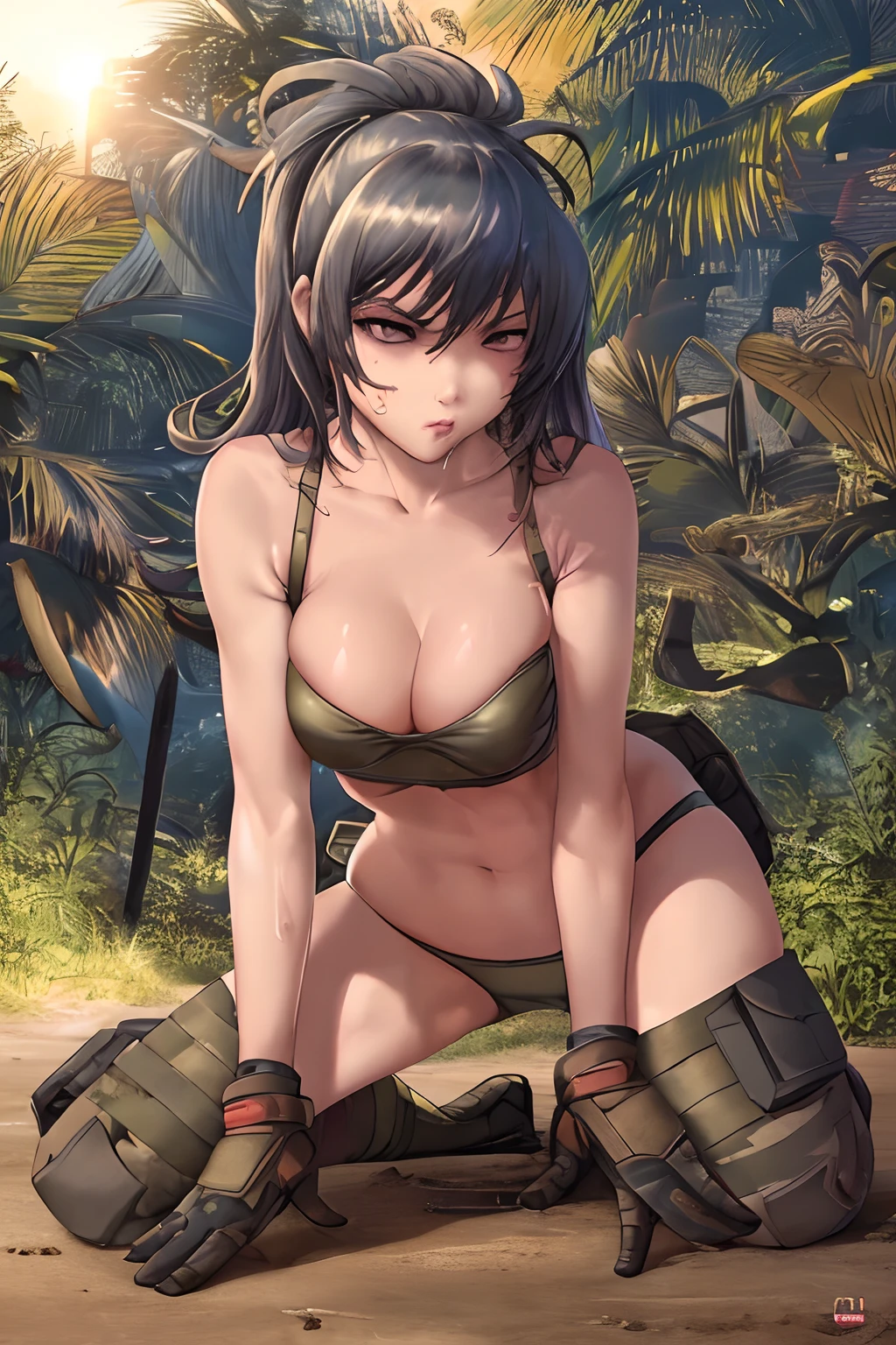 Best quality, masterpiece, bra and panty, serious, sexy pose, Cammo, Sun, hot, dessert, wetting, water, tactical, neckline, army, warfare.