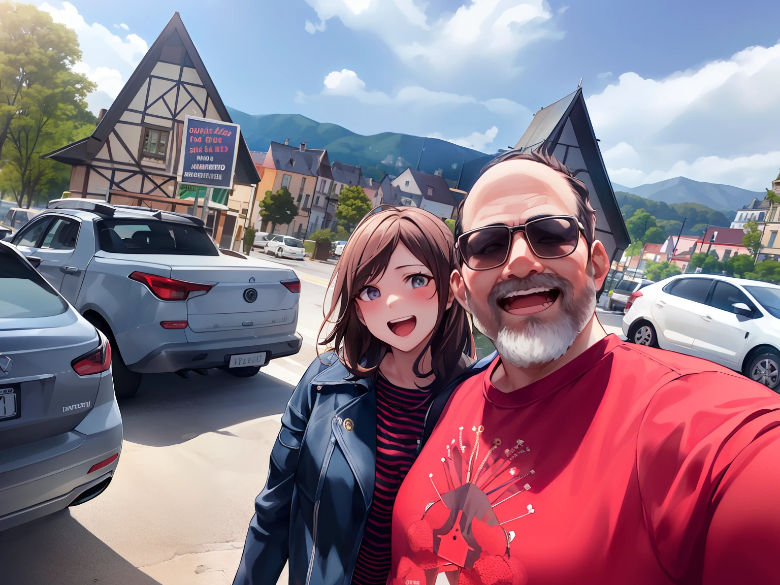 There's a man and a woman taking a selfie in front of a building, Directed by: Nandor Soldier, com montanhas ao fundo, momma and papa, traveling in france, album photo, vacation photo, Capturado no iPhone, Directed by: Bernie D'Andrea, Directed by: Jacob Steinhardt, Directed by: Tom Wänerstrand, Directed by: Rafail Levitsky, Directed by: Micha Klein