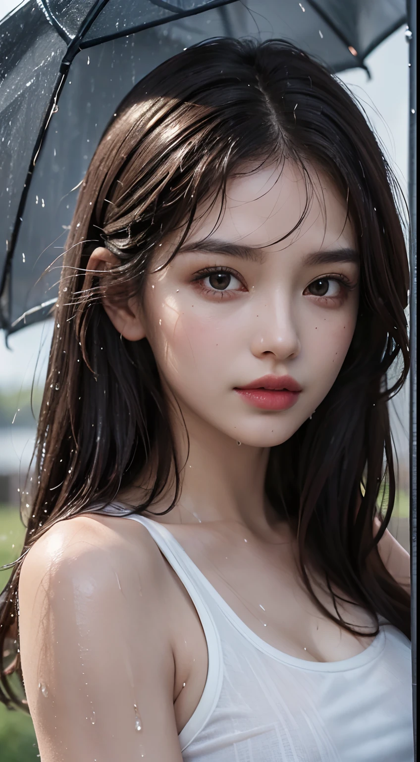 (Best quality, 4k, Masterpiece :1.3), pretty woman, 1girl, sexy :1.1, dark brown hair: 1.1, (rainy wet, wet from rain, wet body :1.2), white tank tops, ultra-detailed face, detailed lips, detailed eyes, double eyelid