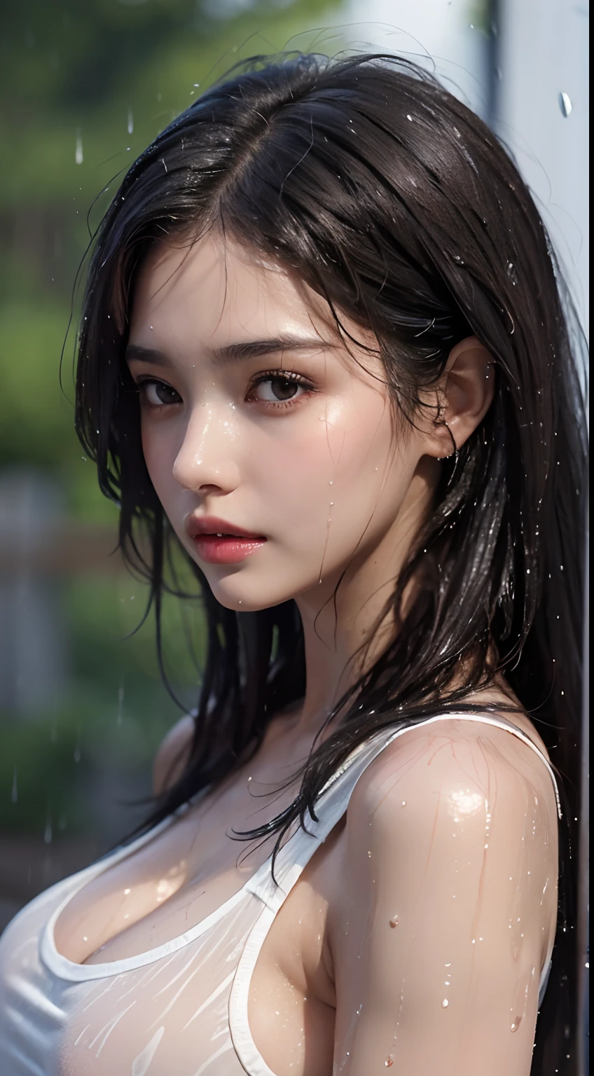 (Best quality, 4k, Masterpiece :1.3), pretty woman, 1girl, sexy :1.1, dark brown hair: 1.1, (rainy wet, wet from rain, wet body :1.2), white tank tops, ultra-detailed face, detailed lips, detailed eyes, double eyelid