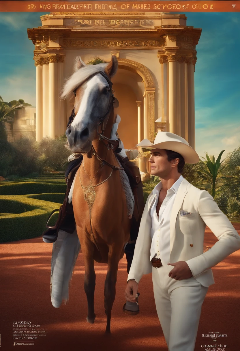 filme cassino ease 2023 estilo filmes Pixar, Com nome "cassino ease", poster, with credits brunette man with white horse