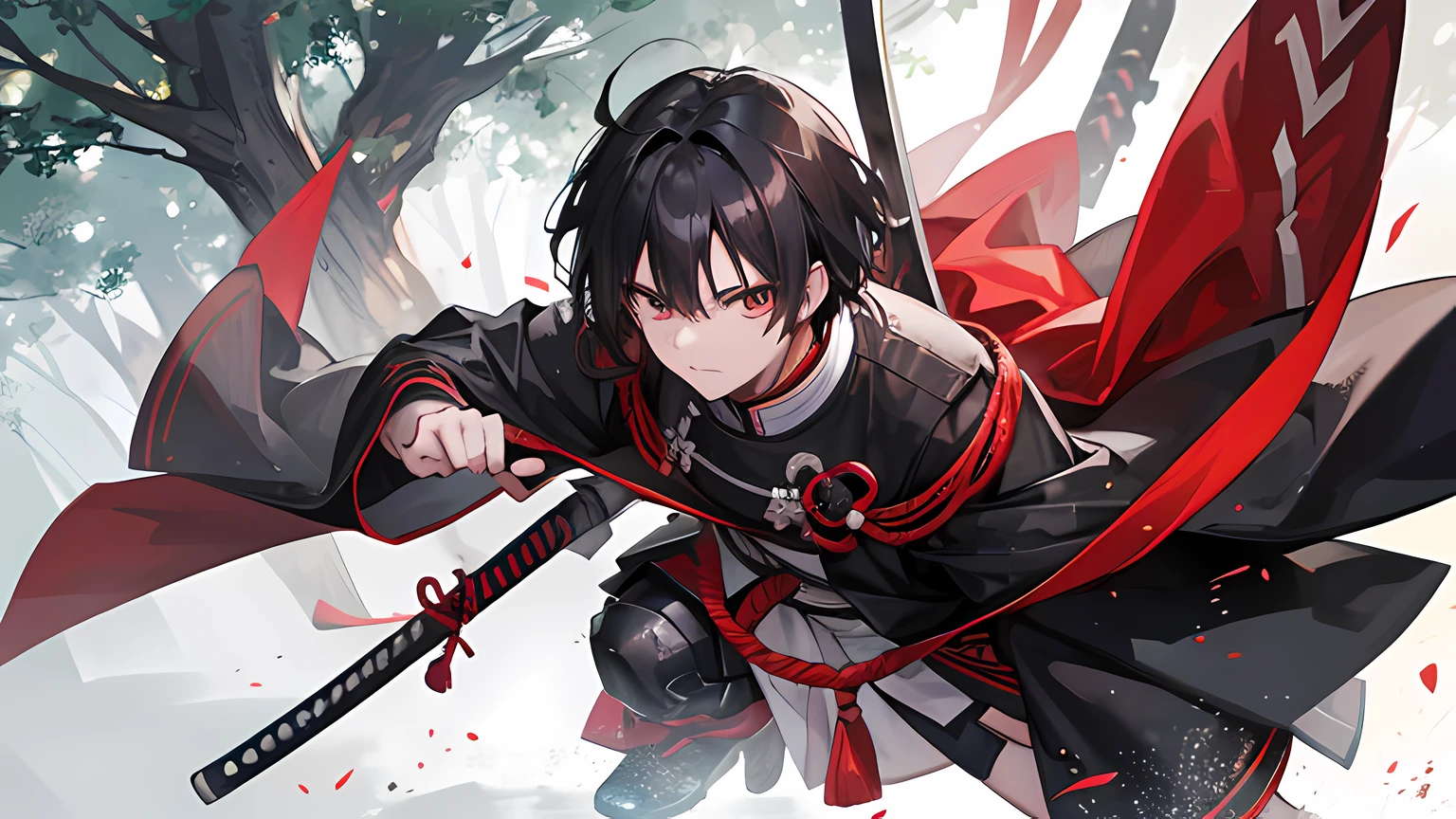 a man, using samurai uniform, black hair color, special operation, in the forest, ready to attack, brown eye color, detailed eye, ufotable style animation, full body